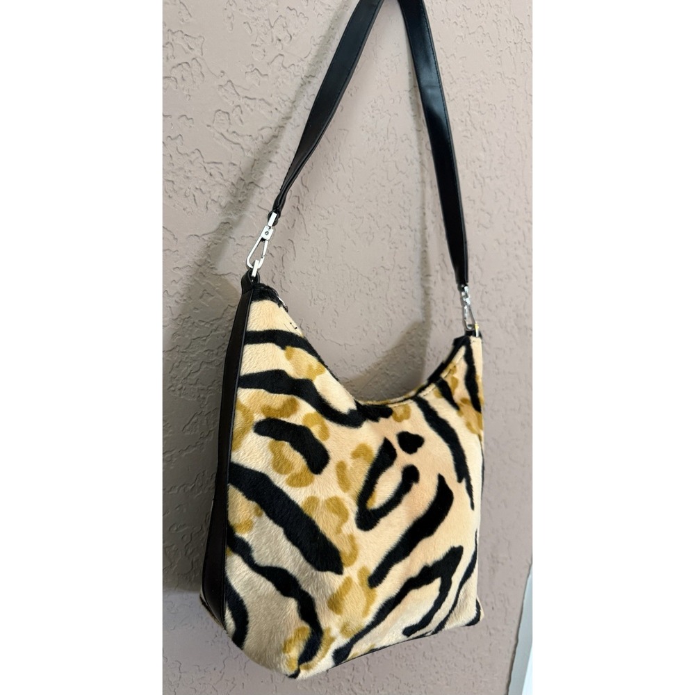 Tiger Print Black & Tan Zip Top‎ Faux Fur Shoulder Handbag. 9"x8" x5". Boho Chic - Picture 2 of 11